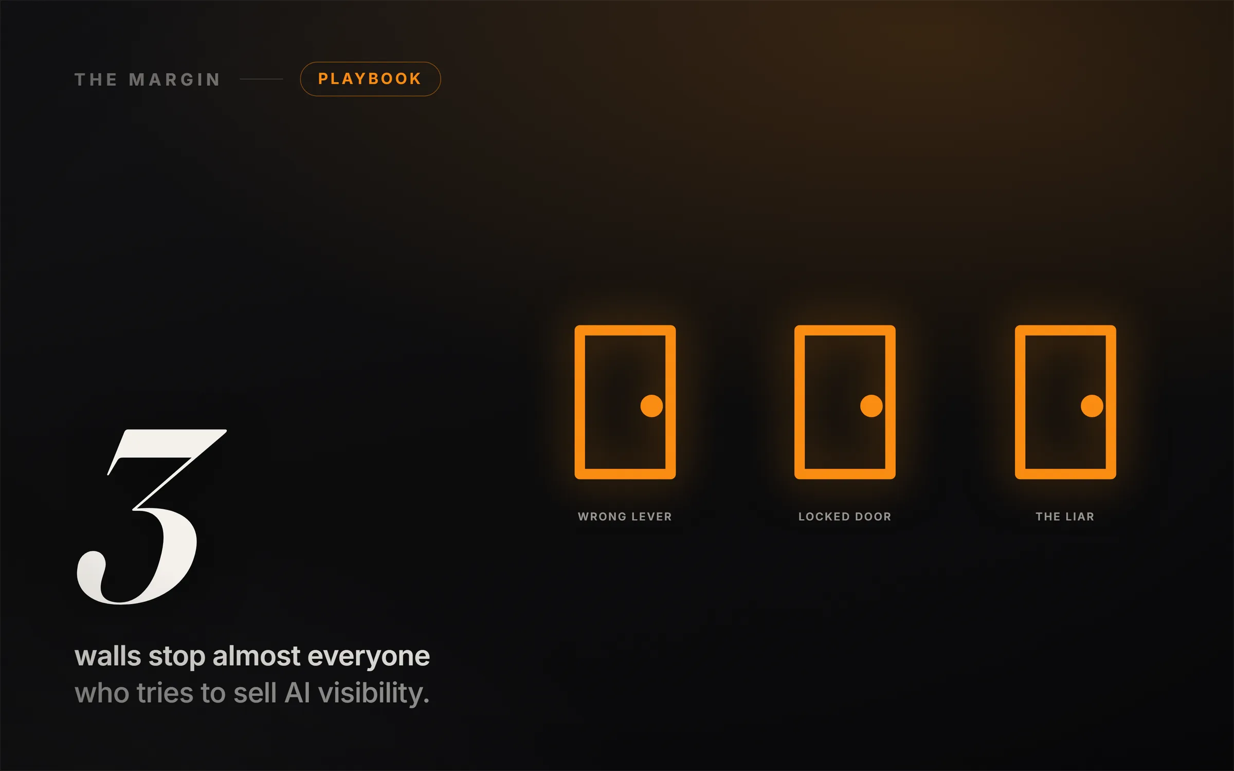Three dim grey walls on a dark path, each one lit amber as a lever, a key, and a magnifying glass pass through it, an AI answer card glowing correct at the end.