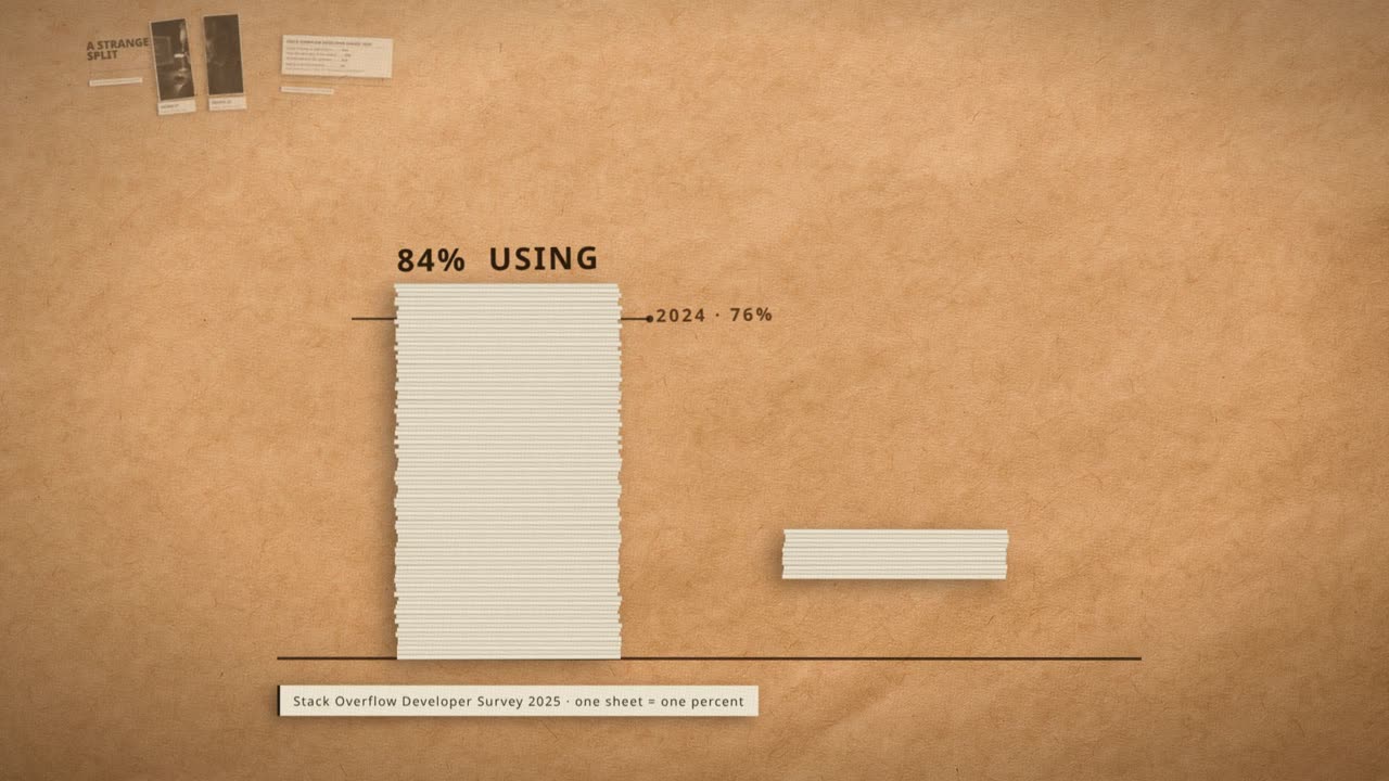 Frame from the film: a stack of sheets, one per percent: 84% of developers using AI tools, up from 76% in 2024, beside a far smaller stack for the share who trust it. Stack Overflow Developer Survey 2025.