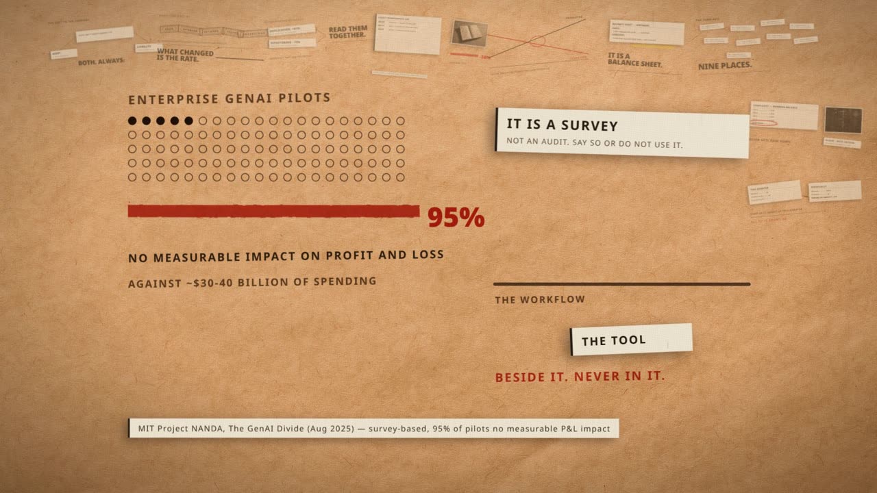 Frame from the film: enterprise generative AI pilots, a grid of dots, 95% with no measurable impact on profit and loss, against about $30 to $40 billion of spending. It is a survey, not an audit. The tool sat beside the workflow, never in it.