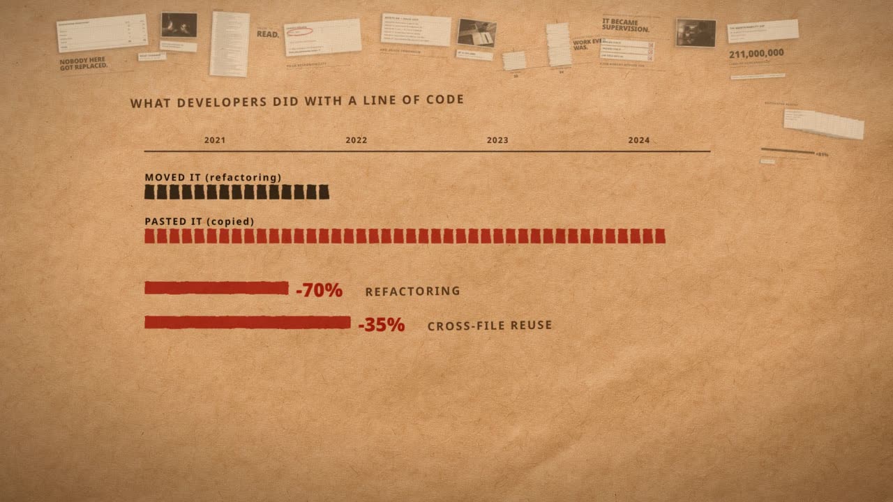 Frame from the film: what developers did with a line of code, 2021 to 2024. Moved it (refactoring) shrinking, pasted it (copied) growing. Refactoring down 70%, cross-file reuse down 35%.