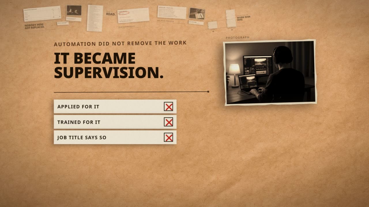 Frame from the film: automation did not remove the work. It became supervision. Applied for it, trained for it, job title says so: all crossed out.