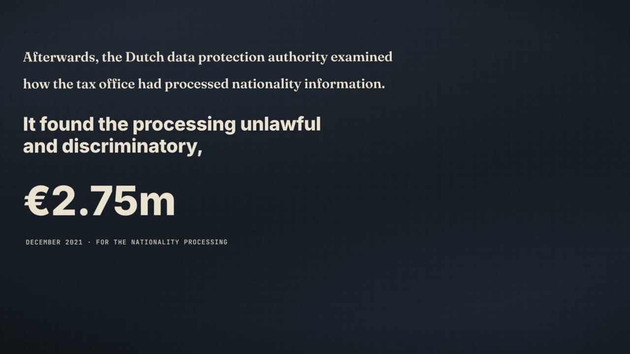 Frame from the film: Afterwards, the Dutch data protection authority examined how the tax office had processed nationality information. It found the processing unlawful and discriminatory. EUR 2.75m, December 2021, for the nationality processing.
