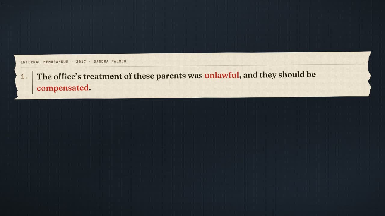Frame from the film: internal memorandum, 2017, Sandra Palmen: The office's treatment of these parents was unlawful, and they should be compensated.