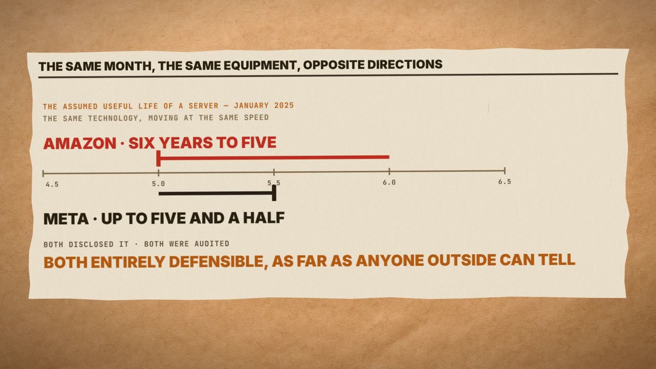 Frame from the film: the same month, the same equipment, opposite directions. The assumed useful life of a server, January 2025: Amazon, six years to five; Meta, up to five and a half. Both disclosed it, both were audited, both entirely defensible as far as anyone outside can tell.