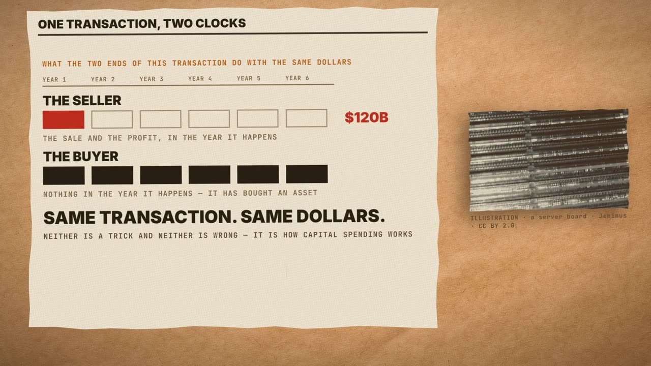 Frame from the film: one transaction, two clocks. The seller books $120B, the sale and the profit, in the year it happens. The buyer books nothing in that year, because it has bought an asset, spread over six years. Same transaction. Same dollars.