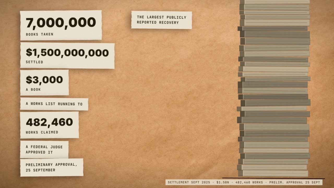 Frame from the film: a stack of books beside the figures 7,000,000 books taken, $1,500,000,000 settled, $3,000 a book, 482,460 works claimed, and preliminary approval on 25 September.
