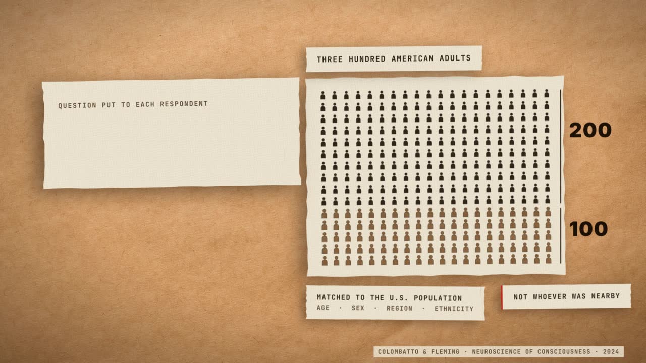 Frame from the film: 300 small printed figures in a grid, 200 in solid ink and 100 punched out, labelled three hundred American adults, matched to the US population by age, sex, region and ethnicity.