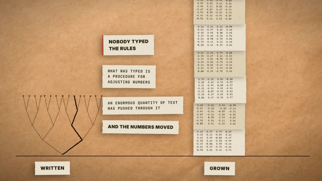 Frame from the film comparing written software, a traceable branching tree, with a grown language model, columns of unreadable decimal weights, under the line nobody typed the rules.