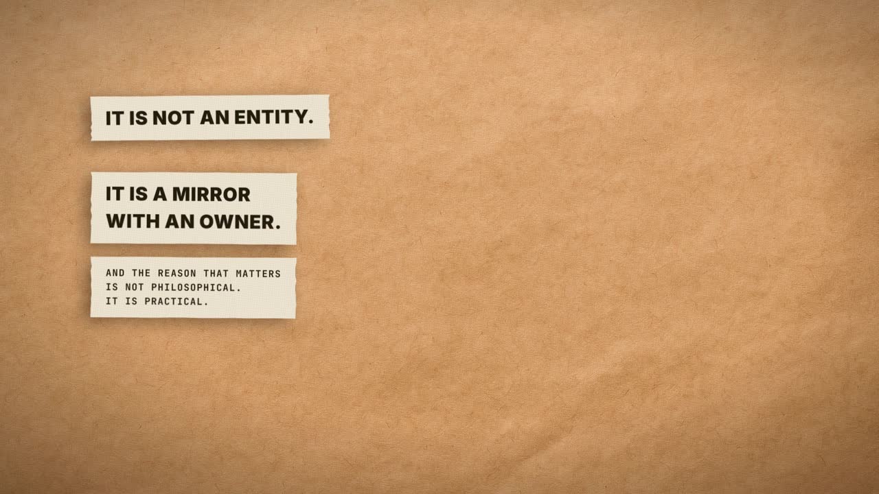 Closing frame from the film reading: It is not an entity. It is a mirror with an owner. And the reason that matters is not philosophical. It is practical.