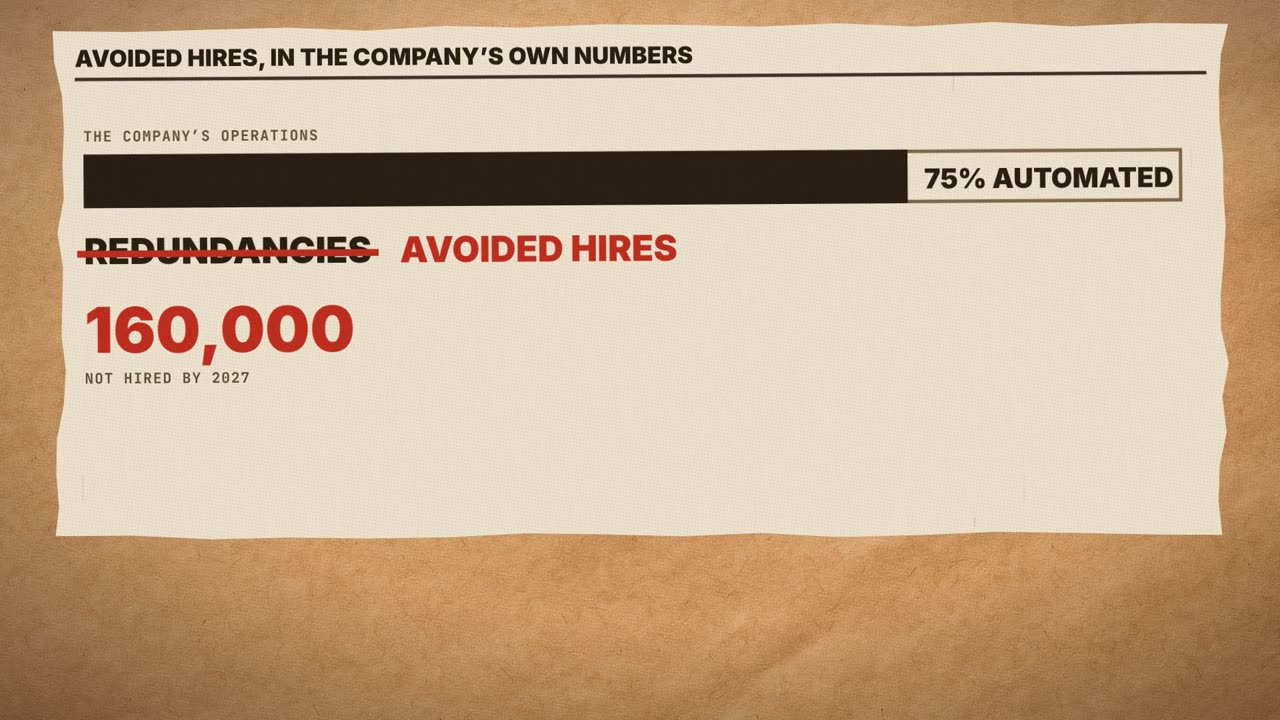 Frame from the film: avoided hires, in the company's own numbers. The company's operations, 75% automated. Redundancies, struck through: avoided hires. 160,000 not hired by 2027.