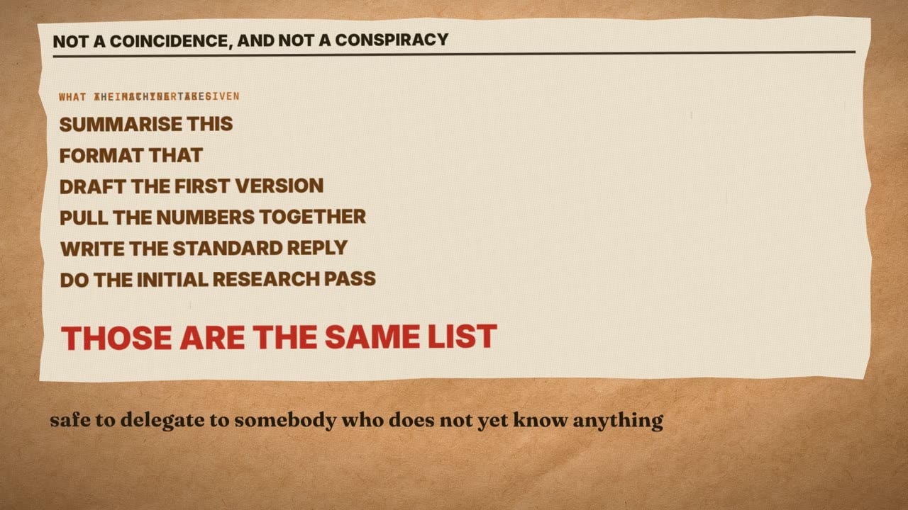 Frame from the film: not a coincidence, and not a conspiracy. Summarise this, format that, draft the first version, pull the numbers together, write the standard reply, do the initial research pass. Those are the same list: what the machine takes first, and what the newest person has always been given.