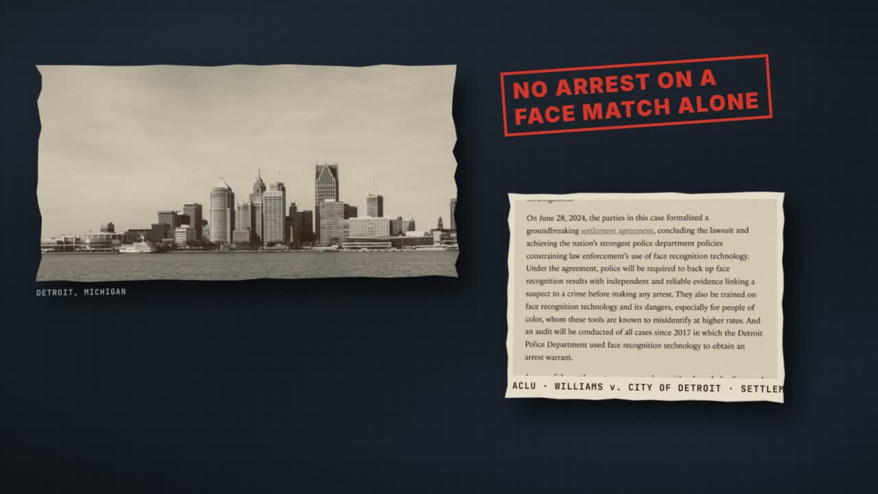 Frame from the film: the Detroit skyline beside a red stamp reading No arrest on a face match alone, and the ACLU's summary of the 28 June 2024 settlement in Williams v. City of Detroit.