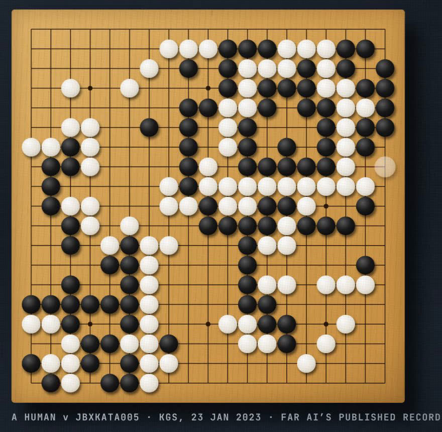 Frame from the film: a Go board from a game between a human and the bot JBXKata005 on the KGS server, 23 January 2023, showing the ring-shaped group the attack exploits.