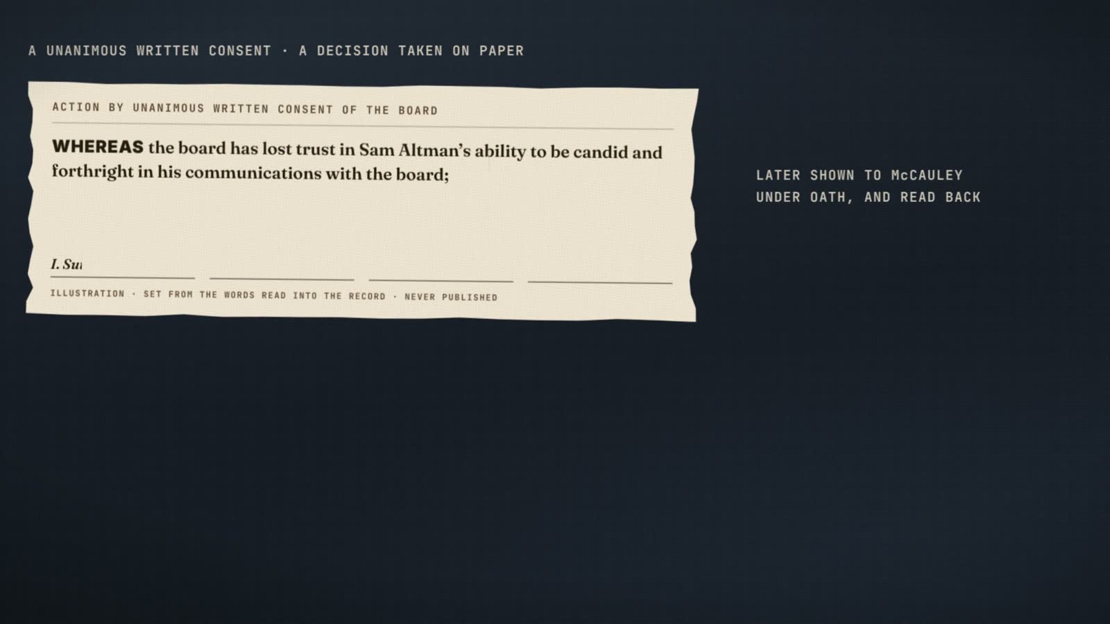 Frame from the film: the board's written consent of 16 November 2023, typeset from the words read into McCauley's deposition and marked as an illustration. Whereas the board has lost trust in Sam Altman's ability to be candid and forthright in his communications with the board.