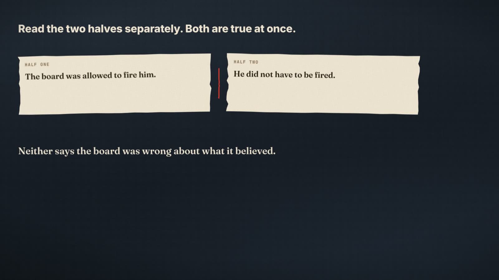 Frame from the film: Read the two halves separately. Both are true at once. Half one: The board was allowed to fire him. Half two: He did not have to be fired.