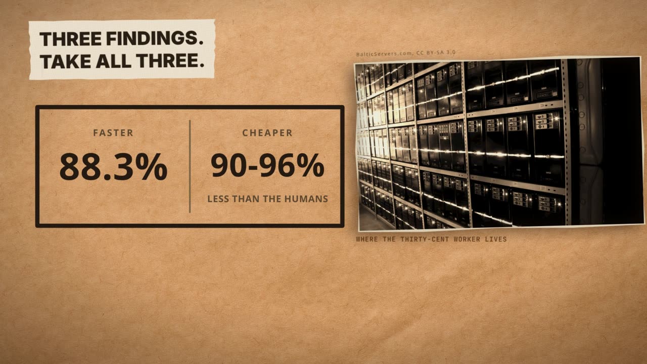 Frame from the film: three findings, take all three. Faster, 88.3%; cheaper, 90 to 96% less than the humans. Beside it, a photograph of server racks: where the thirty-cent worker lives.