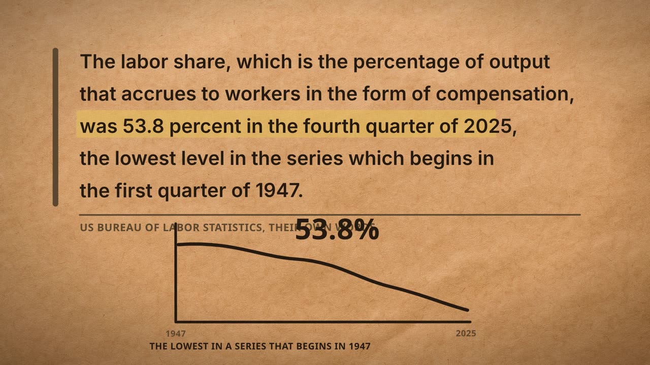 Frame from the film: The labor share, which is the percentage of output that accrues to workers in the form of compensation, was 53.8 percent in the fourth quarter of 2025, the lowest level in the series which begins in the first quarter of 1947. A line falling from 1947 to 2025.