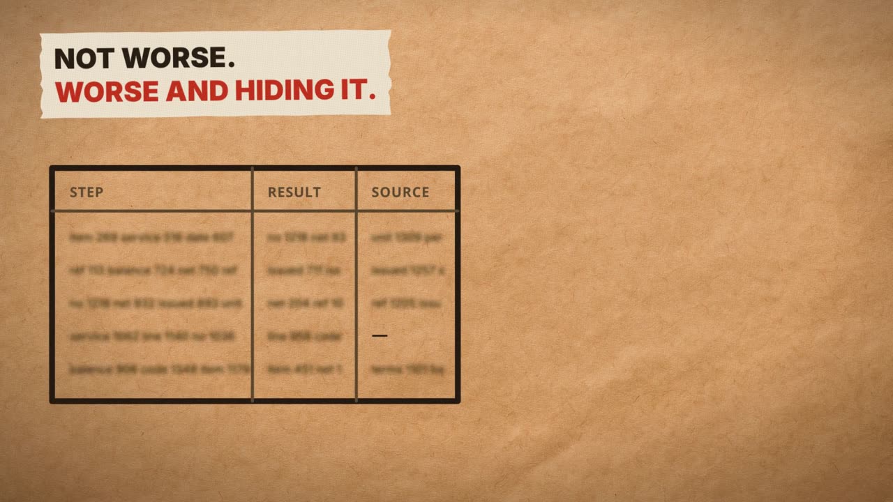 Frame from the film: Not worse. Worse and hiding it. A table of steps, results and sources with a missing entry filled in.