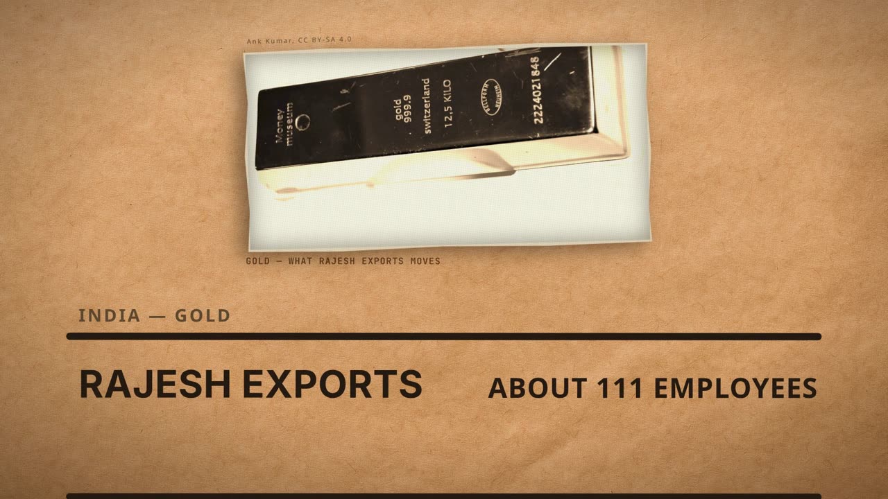 Frame from the film: India, gold. Rajesh Exports, about 111 employees, beside a photograph of a gold bar.