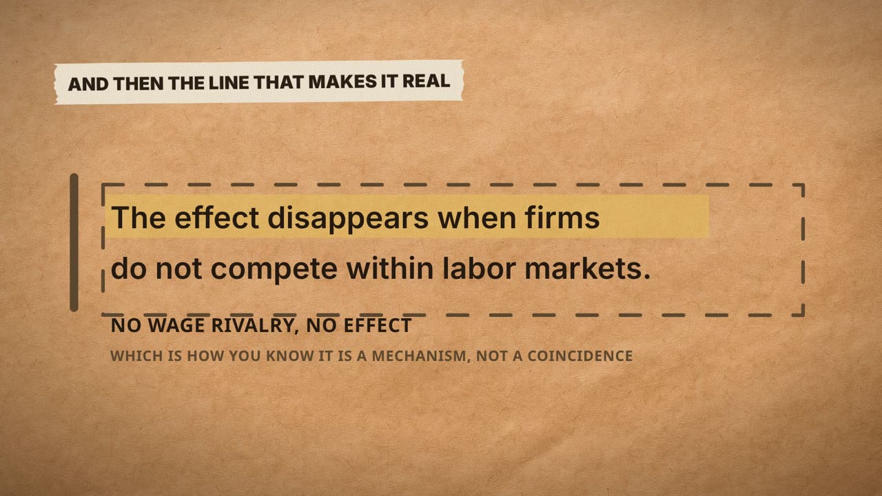 Frame from the film: and then the line that makes it real. The effect disappears when firms do not compete within labor markets. No wage rivalry, no effect, which is how you know it is a mechanism, not a coincidence.