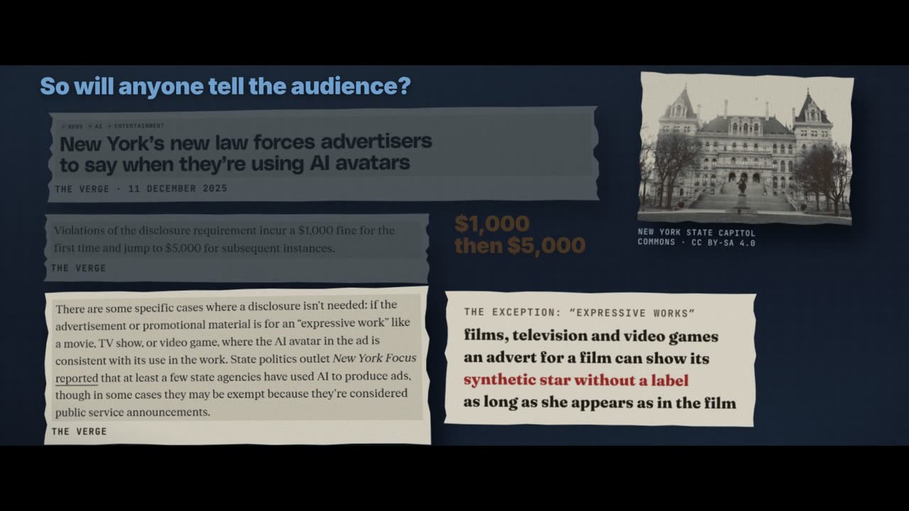 Frame from the film: So will anyone tell the audience? The Verge, 11 December 2025: New York's new law forces advertisers to say when they're using AI avatars. Fines of $1,000, then $5,000. The exception, expressive works: films, television and video games. An advert for a film can show its synthetic star without a label, as long as she appears as in the film.
