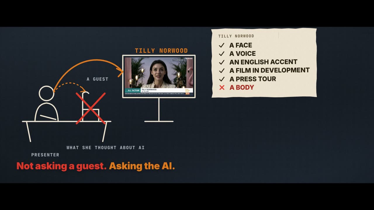 Frame from the film: a drawn presenter's desk, the question arrowing to an empty guest's chair, struck through, then redirected to a screen showing Tilly Norwood. A checklist reads: a face, a voice, an English accent, a film in development, a press tour, ticked; a body, crossed out. Caption: Not asking a guest. Asking the AI.