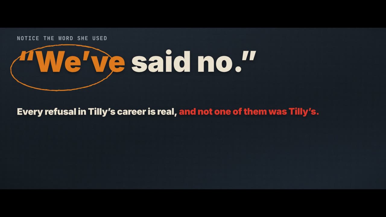 Frame from the film: Notice the word she used. We've said no, with We've ringed in orange. Every refusal in Tilly's career is real, and not one of them was Tilly's.