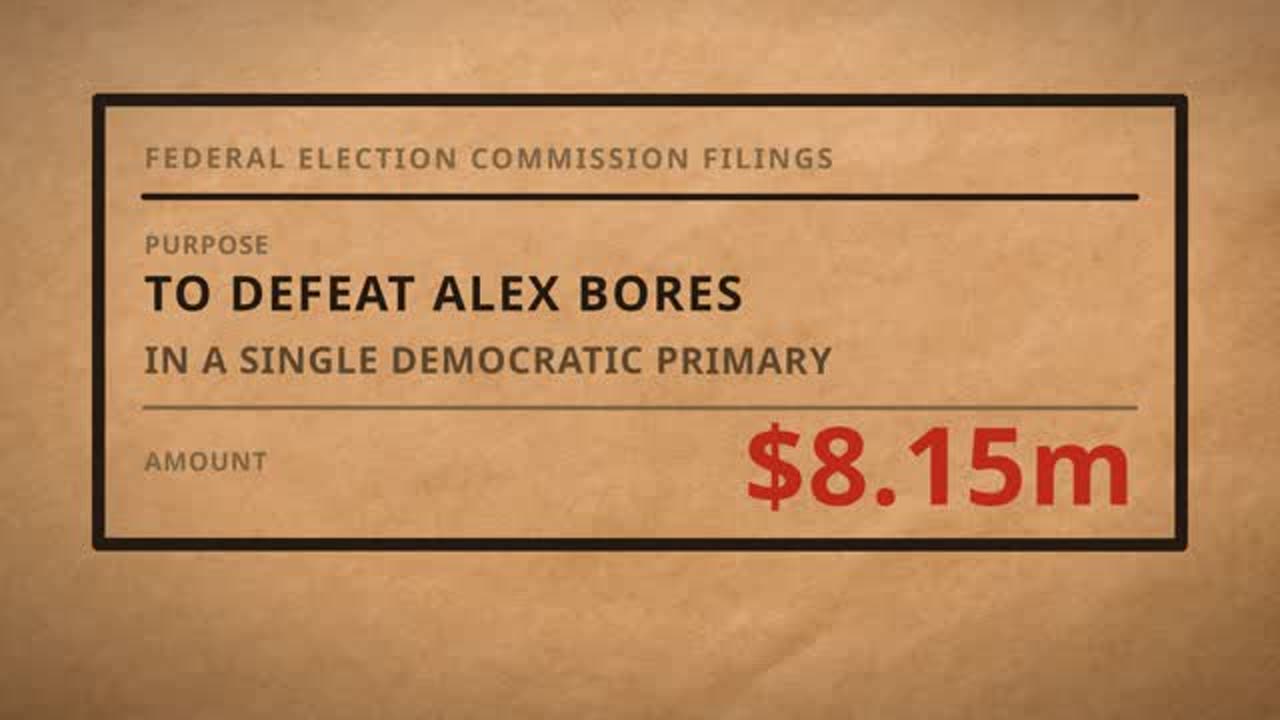 Frame from the film: Federal Election Commission filings. Purpose: to defeat Alex Bores in a single Democratic primary. Amount: $8.15m.