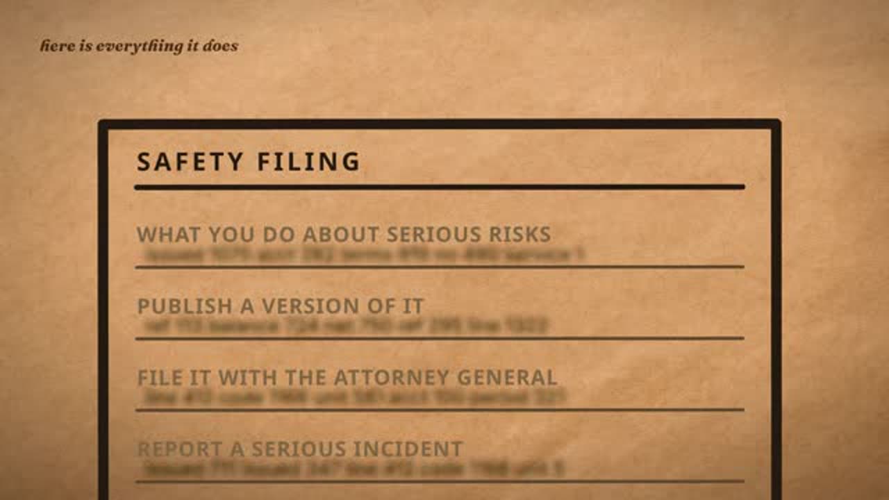 Frame from the film: Safety filing. What you do about serious risks. Publish a version of it. File it with the Attorney General. Report a serious incident.