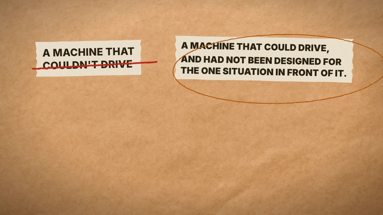 Frame from the film: a machine that couldn't drive, struck through. A machine that could drive, and had not been designed for the one situation in front of it.