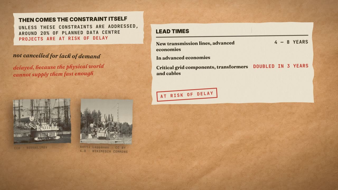Frame from the film: Then comes the constraint itself. Unless these constraints are addressed, around 20% of planned data centre projects are at risk of delay. Lead times: new transmission lines, 4 to 8 years in advanced economies; critical grid components, transformers and cables, doubled in 3 years.