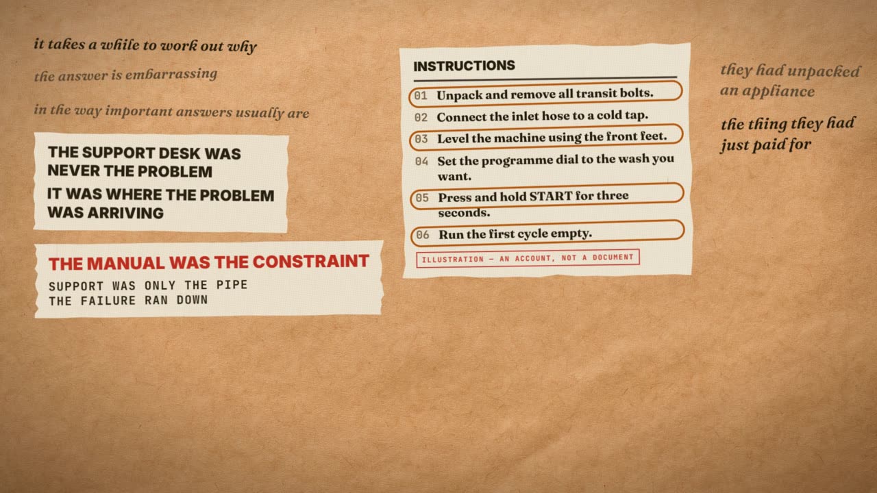 Frame from the film: The support desk was never the problem; it was where the problem was arriving. The manual was the constraint; support was only the pipe the failure ran down. Beside it, appliance instructions marked as an illustration, an account and not a document.