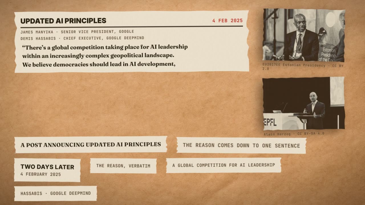Frame from the film: Updated AI principles, 4 February 2025, James Manyika and Demis Hassabis: There's a global competition taking place for AI leadership within an increasingly complex geopolitical landscape. We believe democracies should lead in AI development.