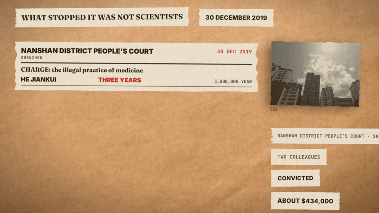 Frame from the film: what stopped it was not scientists, 30 December 2019. Nanshan District People's Court, Shenzhen. Charge: the illegal practice of medicine. He Jiankui, three years, 3,000,000 yuan. Two colleagues convicted. About $434,000.