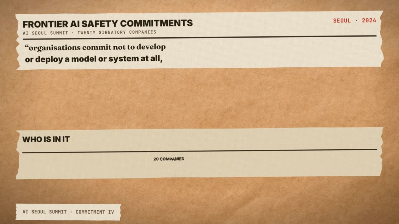 Frame from the film: Frontier AI Safety Commitments, Seoul, 2024, twenty signatory companies: organisations commit not to develop or deploy a model or system at all.