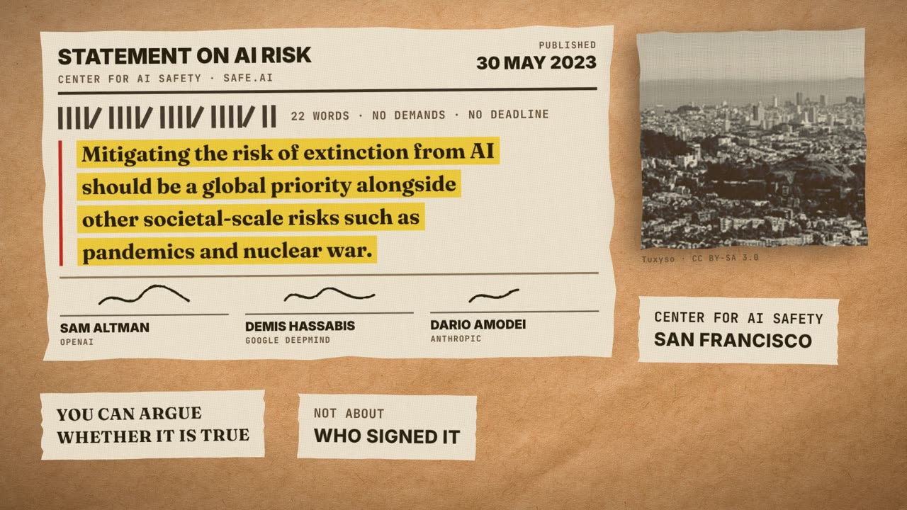Frame from the film: Statement on AI Risk, Center for AI Safety, 30 May 2023. 22 words, no demands, no deadline. Mitigating the risk of extinction from AI should be a global priority alongside other societal-scale risks such as pandemics and nuclear war. Signed by Sam Altman, Demis Hassabis and Dario Amodei.